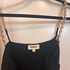 L'AGENCE Black Slip Dress with Gold Chain Straps